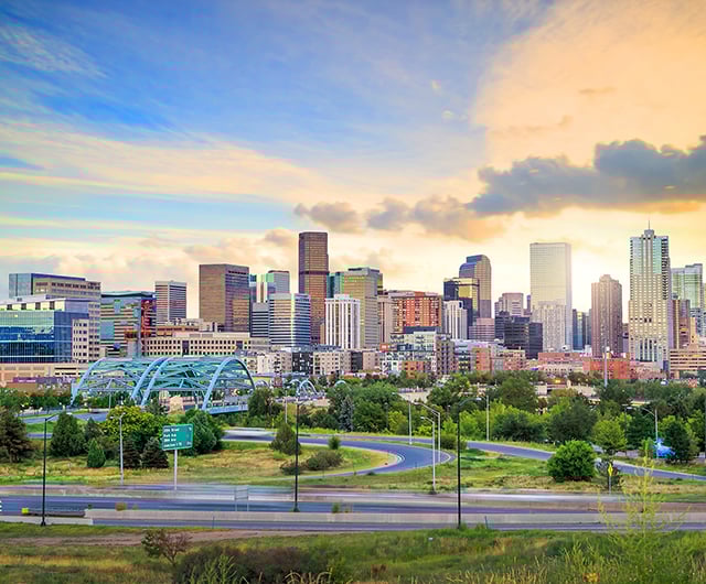 Panorama of Denver skyline long exposure at twilight.
